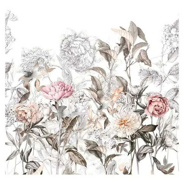 Marburg Smart Art Gallery Fototapete Big Flowers - B x H: 2,65 x 2,7 m, Vlies, Weiß-Greige - Blumenmuster mit rosa und pfirsichfarbenen Pfingstrosen, grünen Blättern und monochromen skizzierten Blumen.