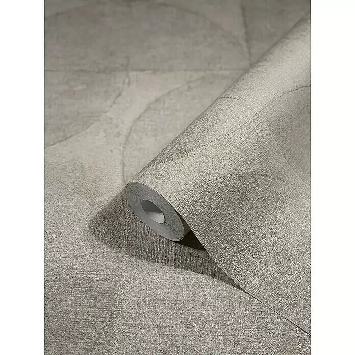 Marburg Vintage Deluxe Vliestapete - Beige-Pearl, Grafisch, 10,05 x 0,53 m - Helle, texturierte Tapetenrolle in Grau/Beige mit dezentem geometrischem Kreismuster, teilweise abgerollt.