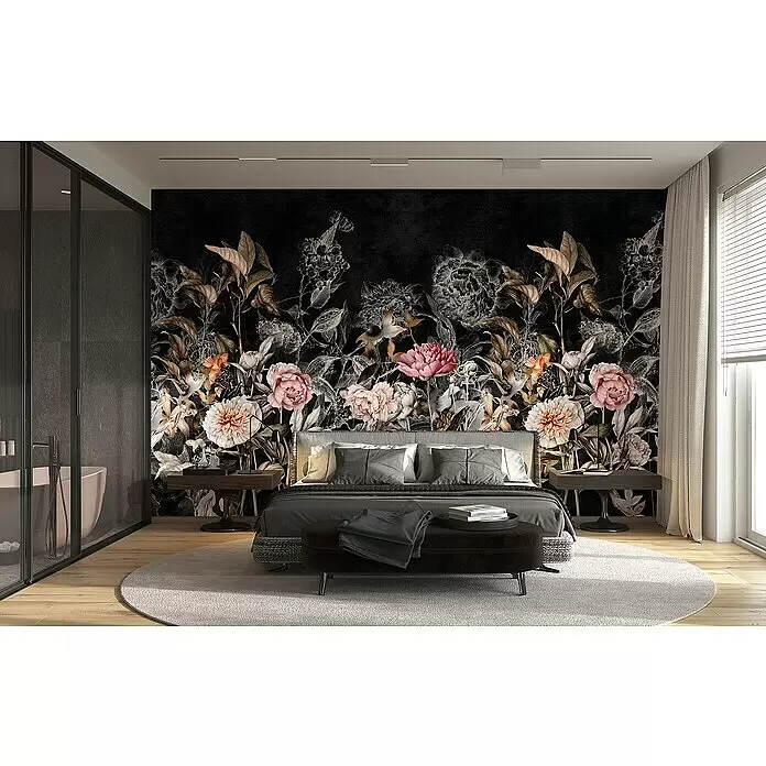 Marburg Smart Art Gallery Fototapete Big Flowers - B x H: 2,65 x 2,7 m, Vlies, Schwarz-Greige - Florales Wandbild mit rosa, weißen und braunen Blumen auf dunklem Hintergrund im Schlafzimmer.