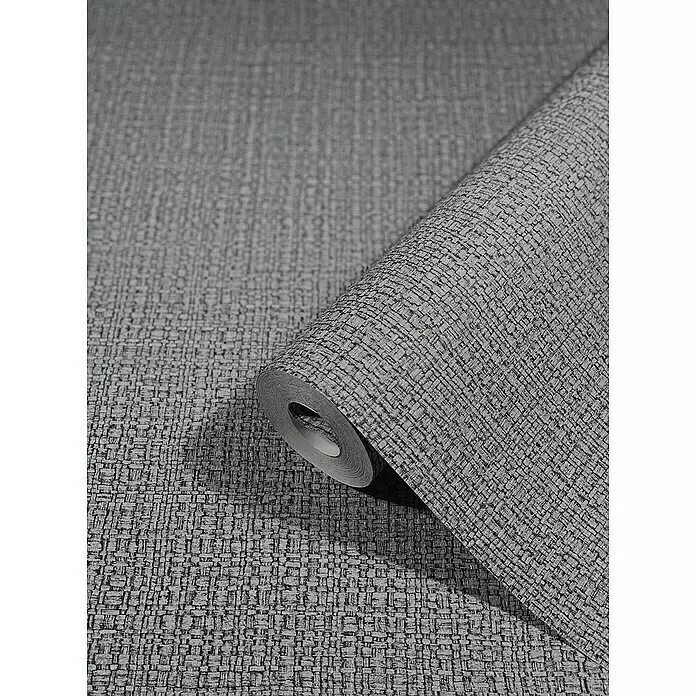 Marburg Vintage Deluxe Vliestapete Retro - Anthrazit-Silber, Uni, 10,05 x 0,53 m - Graue strukturierte Tapetenrolle mit Webmuster, teilweise abgerollt.