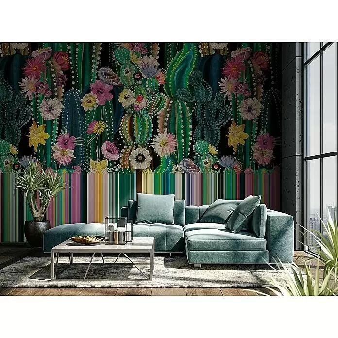Marburg Smart Art Gallery Fototapete Kakteen - B x H: 2,65 x 2,7 m, Vlies - Ein großes, L-förmiges Samtsofa in Türkis, mit mehreren Kissen, in einem modernen Wohnzimmer.