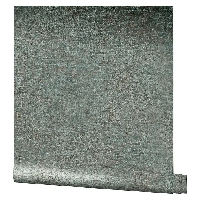 Marburg Vintage Deluxe Vliestapete - Grau-Blau, Uni, 10,05 x 0,53 m - Nahaufnahme einer Rolle texturierter Vinyltapete in dunklen Grau- und Grüntönen, ideal für stilvolle Wanddekoration.
