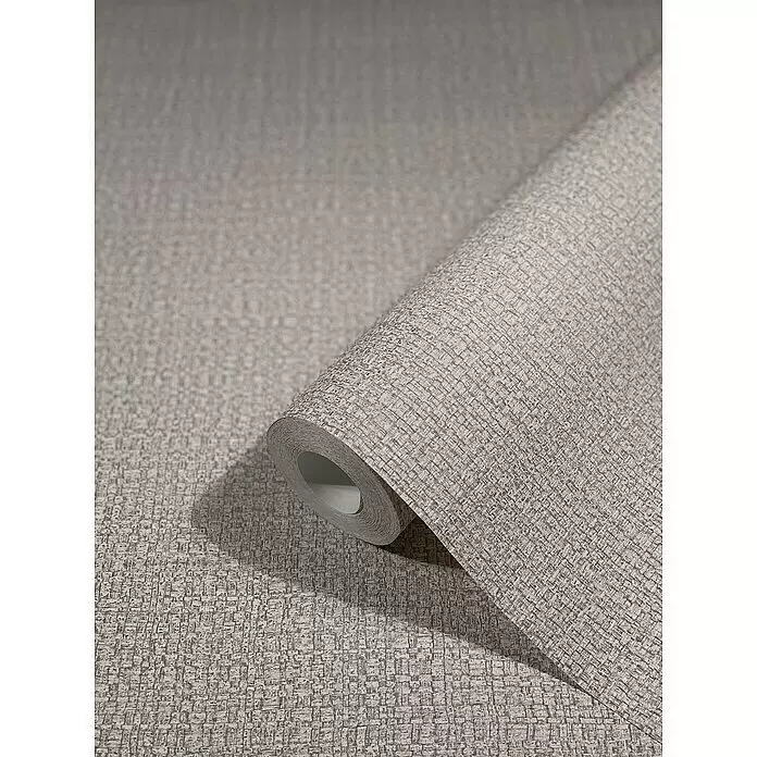 Marburg Vintage Deluxe Vliestapete Retro - Greige, Uni, 10,05 x 0,53 m - Helle beige strukturierte Tapetenrolle teilweise abgerollt, die ihr gewebtes Muster zeigt.