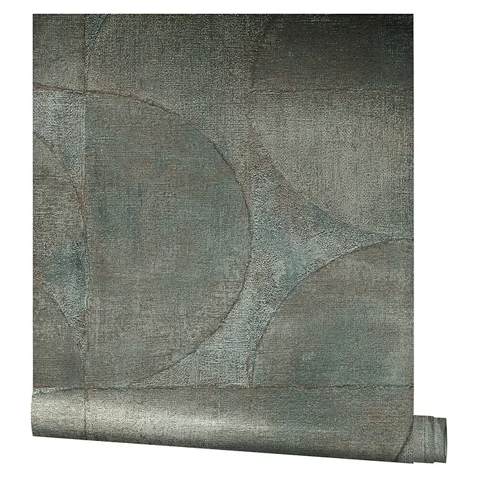 Marburg Vintage Deluxe Vliestapete - Grau-Blau, Grafisch, 10,05 x 0,53 m - Nahaufnahme einer Rolle gemusterter Tapete in Grau- und Grüntönen, die ein modernes, abstraktes Design zeigt.