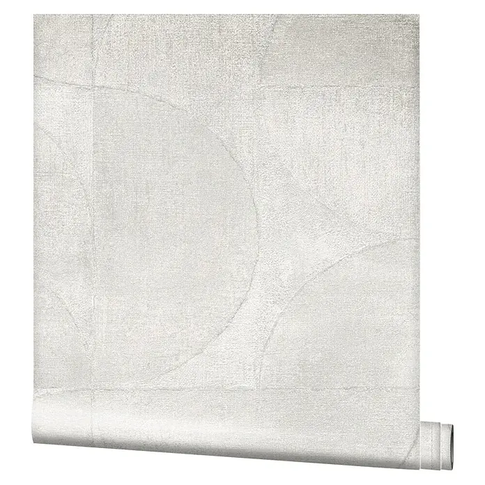 Marburg Vintage Deluxe Vliestapete - Pearl, Grafisch, 10,05 x 0,53 m - Nahaufnahme einer Rolle Tapete mit einem dezenten, kreisförmigen Muster in sanften Grautönen, ideal für moderne Wohnräume.