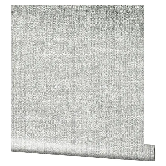 Marburg Vintage Deluxe Vliestapete Retro - Grau-Silber, Uni, 10,05 x 0,53 m - Eine Nahaufnahme einer Rolle grauer Textiltapete, die ein subtiles, strukturiertes Muster aufweist, ideal für moderne Inneneinrichtungen.