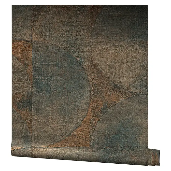 Marburg Vintage Deluxe Vliestapete - Kupfer-Anthrazit, Grafisch, 10,05 x 0,53 m - Aufgerolltes Tapetenmuster mit sich überschneidenden Kreisen in Braun-, Grau- und Blautönen für eine stilvolle Wandgestaltung.