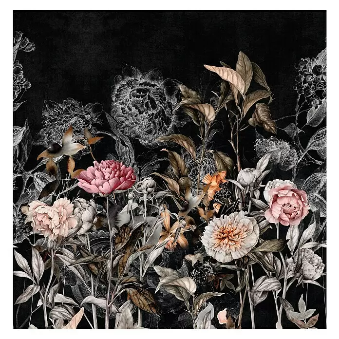 Marburg Smart Art Gallery Fototapete Big Flowers - B x H: 2,65 x 2,7 m, Vlies, Schwarz-Greige - Dunkles Blumendesign mit rosa und orangefarbenen Pfingstrosen und Graustufen-Laub.