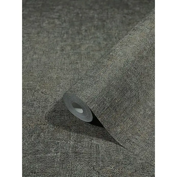 Marburg Vintage Deluxe Vliestapete - Grau-Anthrazit, Uni, 10,05 x 0,53 m - Nahaufnahme einer Rolle dunkelgrauer Textiltapete mit subtiler Struktur für stilvolle Wandgestaltung.