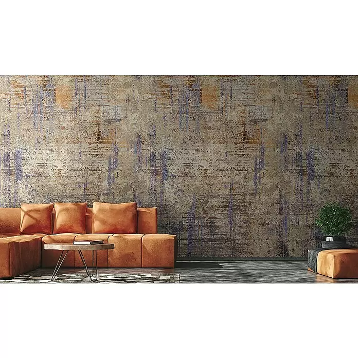 Marburg Smart Art Gallery Fototapete Shabby Uni - B x H: 2,12 x 2,7 m, Vlies, Grau-Lila - Abstrakte, texturierte Wandverkleidung in Beige, Braun und Violett, die ein modernes Wohnzimmer aufwertet.