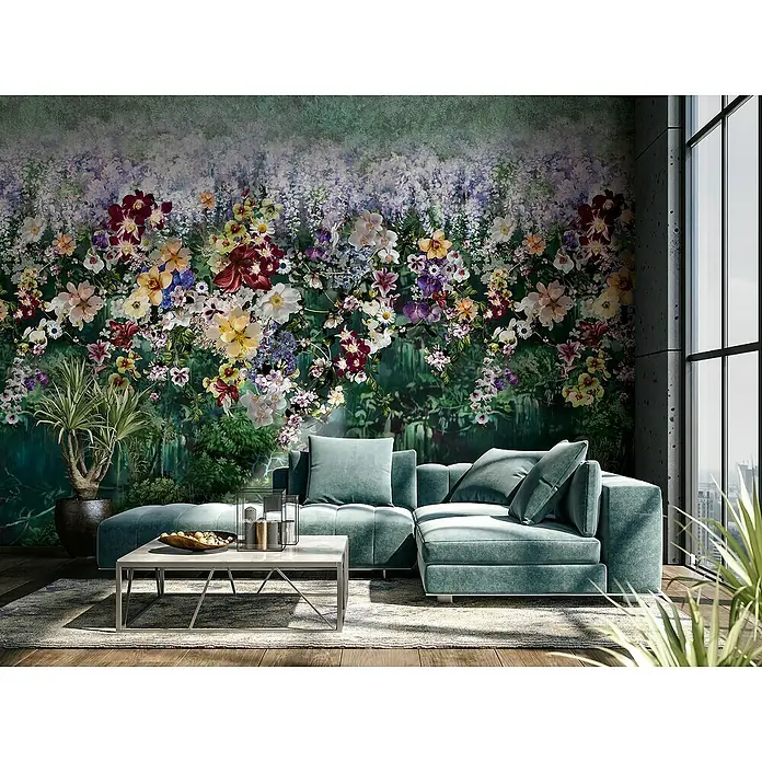Marburg Smart Art Gallery Fototapete Blumen-Allover - B x H: 2,65 x 2,7 m, Vlies - Wohnzimmer mit modernem Sofa und floraler Wandtapete.