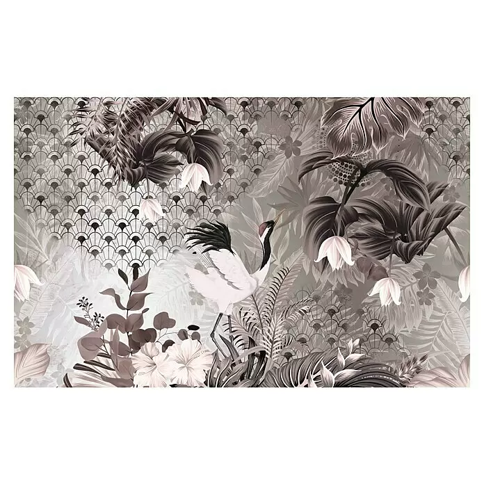 Marburg Smart Art Gallery Fototapete - B x H: 4,24 x 2,7 m, Vlies, Gesamtbild - Grau-Rosa - Tapete im gedämpften Art-déco-Stil mit einem weißen Kranich, tropischem Laub und Blumen vor einem Fächermuster in Braun- und Beigetönen.