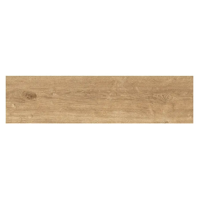 Atlas Concorde Solution Feinsteinzeugfliese Kortex Golden - 22,5 x 90 cm, Matt - Nahaufnahme einer langen Diele mit ausgeprägten Maserungen und Astlöchern, die die natürliche Schönheit des Holzes hervorhebt.
