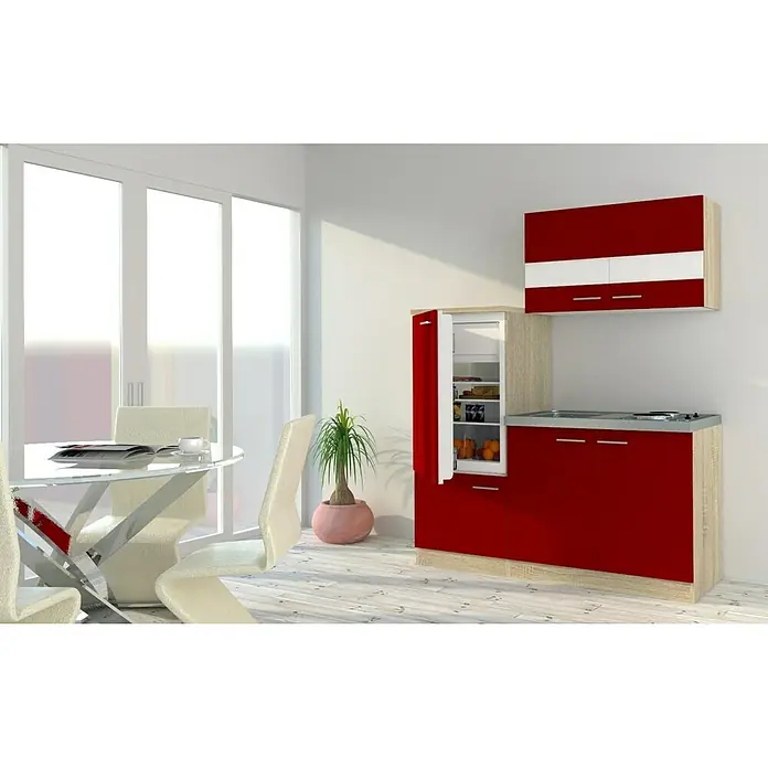 Respekta Singleküche Luis - Breite: 160 cm, Rot, Mit Duo-Kochmulde - Elegante Küchenzeile in Rot und Weiß mit integriertem Kühlschrank und Hängeschrank für moderne Wohnräume. Kompaktes Design für kleine Küchen.