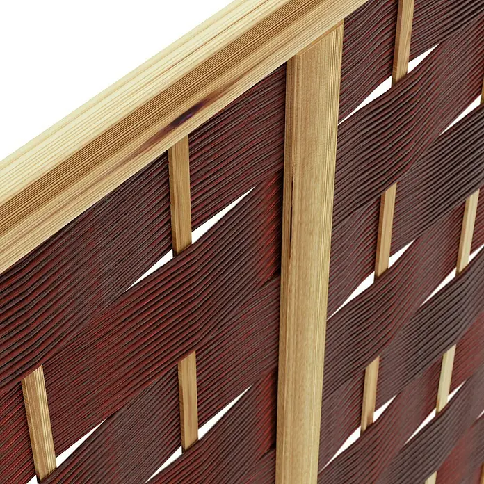 T & J Sichtschutzelement Ätna Gebeizt - 180 x 180 cm, Braun - Nahaufnahme eines dekorativen Raumteilers aus Holz und gewebtem Material, der Textur und Handwerkskunst hervorhebt.