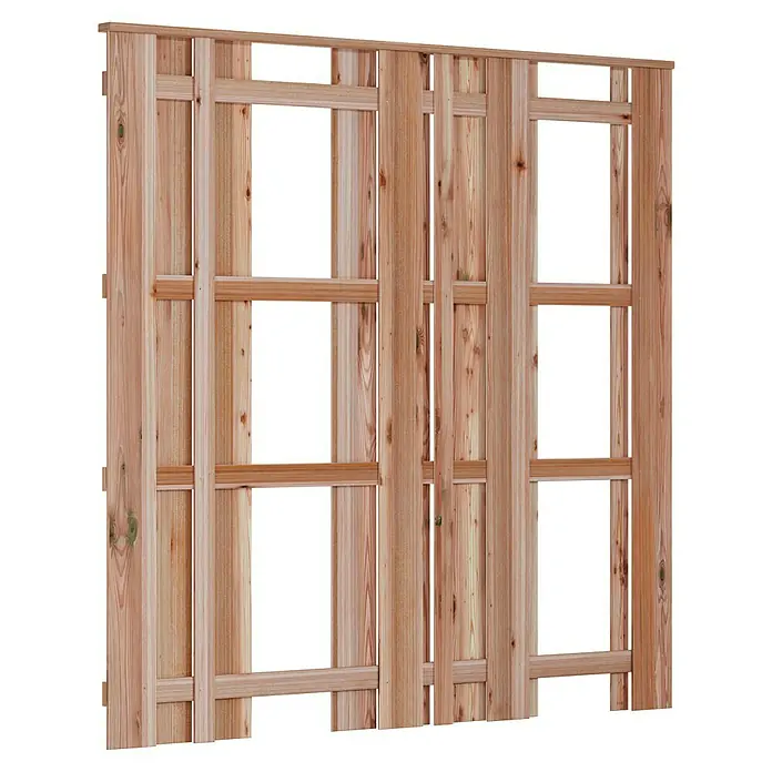 T & J Sichtschutzelement Aalborg - B x H: 180 x 180 cm, Natur - Nahaufnahme einer modernen Holzwand mit quadratischen Öffnungen, die ein stilvolles und luftiges Design für den Innen- oder Außenbereich zeigt.