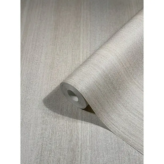 Marburg Vintage Deluxe Vliestapete - Pearl, Streifen, 10,05 x 0,53 m - Nahaufnahme einer Rolle hellgrauer Vinyltapete mit feiner, texturierter Oberfläche, ideal für die Wandgestaltung.