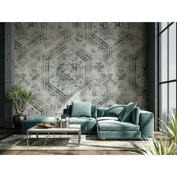 Marburg Smart Art Gallery Fototapete Wandteppich - B x H: 2,12 x 2,7 m, Vlies, Grau-Grün - Elegantes Wohnzimmer mit einem stilvollen türkisfarbenen Sofa und einem modernen Couchtisch, perfekt für gemütliche Stunden.