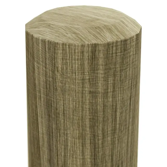 T & J Pfosten - 10 x 10 x 200 cm, Passend für: Rollo-Serie, Natur - Nahaufnahme eines Holzpfostens mit sichtbarer Maserung und abgerundeter Oberseite, ideal für rustikale Projekte und Dekorationen.