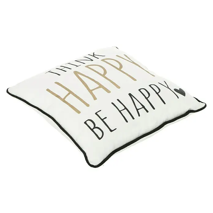 Kissen Homey - Weiß, 40 x 40 cm, 100 % Polyester - Das weiße Zierkissen mit der Aufschrift "Think Happy Be Happy" ist eine charmante Dekoration für Ihr Zuhause, die Positivität und Komfort ausstrahlt.