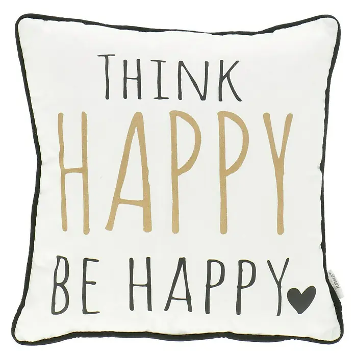 Kissen Homey - Weiß, 40 x 40 cm, 100 % Polyester - Dekoratives Kissen mit der Aufschrift "Think Happy Be Happy" in Schwarz und Gold. Ideal zur Verschönerung Ihres Wohnraums und für eine positive Atmosphäre.