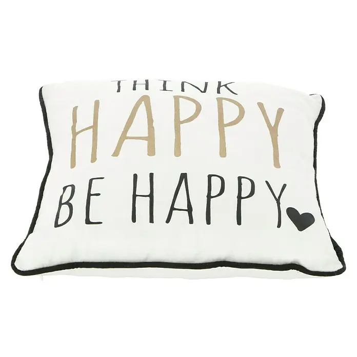 Kissen Homey - Weiß, 40 x 40 cm, 100 % Polyester - Dekokissen mit der Aufschrift "Think Happy, Be Happy" und einem kleinen Herz, ideal zur Dekoration von Wohnräumen und Schlafzimmern.