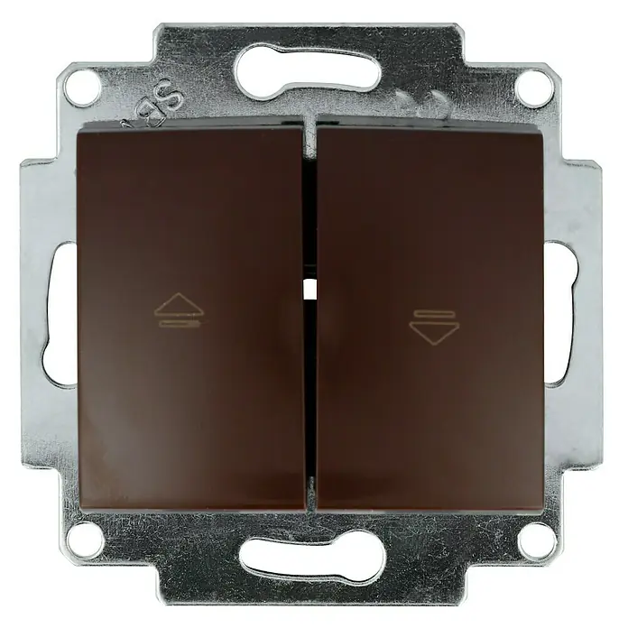 Voltomat DEA 100 Jalousietaster - Braun, Unterputzmontage, 10 A - Ein Doppelwippschalter in Braun mit Pfeilsymbolen auf einer silberfarbenen Montageplatte, ideal für moderne Innenräume.