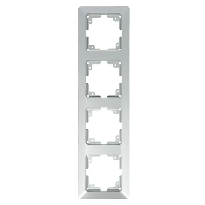 Voltomat VEGA Abdeckrahmen - Silber, 4-fach, Kunststoff - Eine Aufnahme einer Berker-Abdeckung mit vierfachem Einsatz für Schalter/Steckdosen in glänzendem Weiß, ideal für moderne Innenräume.
