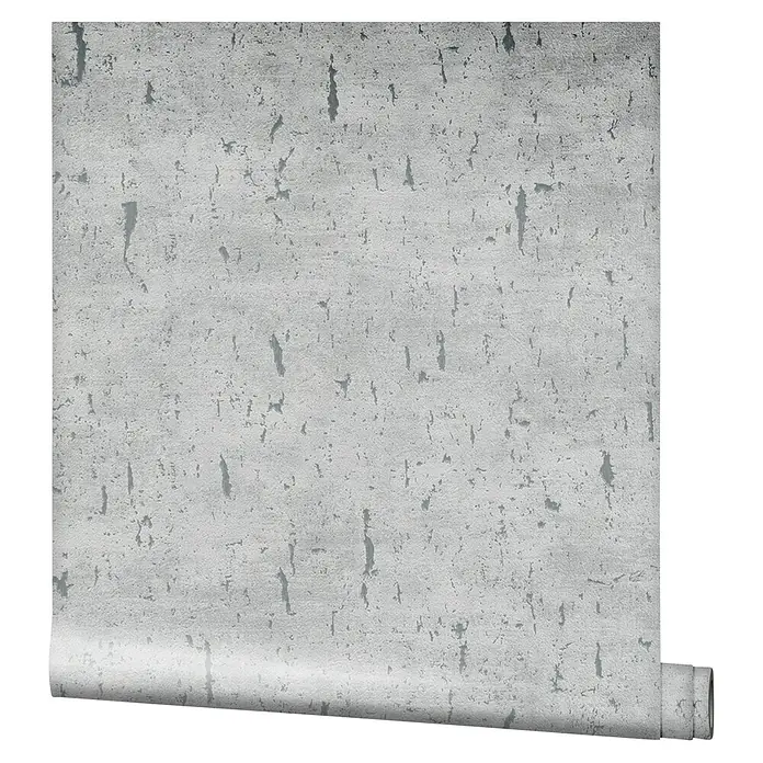 Marburg Natural Opulence Vliestapete - Weiß-Grau, Betonoptik, 10,05 x 0,7 m - Nahaufnahme einer Rolle grauer Tapete mit subtilem Muster, perfekt für moderne Innenräume.