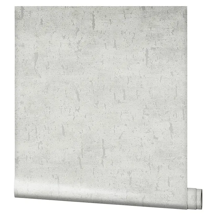 Marburg Natural Opulence Vliestapete - Weiß II, Betonoptik, 10,05 x 0,7 m - Nahaufnahme einer Rolle grauer Vliestapete mit subtiler Textur, die eine moderne und elegante Wandgestaltung verspricht.