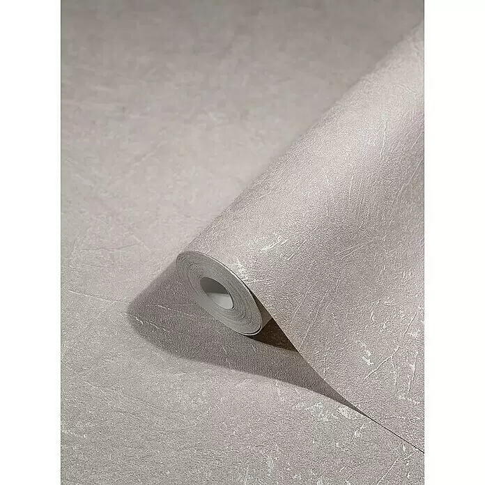 Marburg Vintage Deluxe Vliestapete - Beige-Pearl, Uni, 10,05 x 0,53 m - Rolle hellgrauer, strukturierter Tapete mit dezentem abstraktem Muster, teilweise abgerollt.