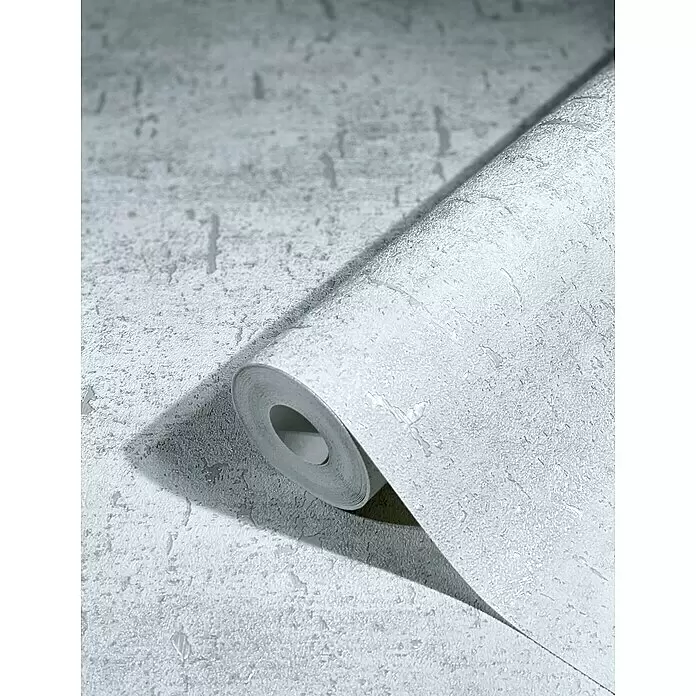 Marburg Natural Opulence Vliestapete - Weiß II, Betonoptik, 10,05 x 0,7 m - Heller grauer Tapetenrolle mit strukturiertem, steinartigem Muster, teilweise abgerollt.