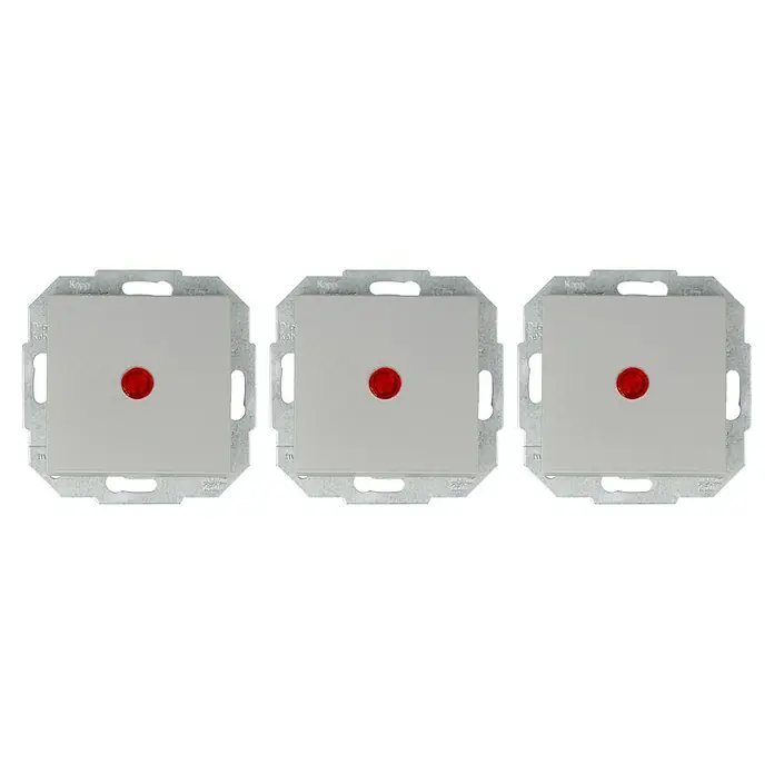 Kontrollschalter - Silber, Kunststoff, 10 A - Drei Kopp-Schalter mit rotem Punkt, ideal für Haus oder Büro, bieten Funktionalität und Stil in einem.