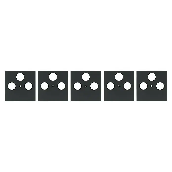 Antennenabdeckung - Anthrazit, 3-fach, Kunststoff, IP20 - Schwarz-weiße Nahaufnahme von fünf quadratischen Steckdosenplatten mit jeweils drei runden Öffnungen, die in einer Reihe angeordnet sind.
