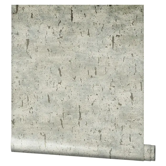 Marburg Natural Opulence Vliestapete - Beige, Betonoptik, 10,05 x 0,7 m - Nahaufnahme einer Rolle grauer Tapete mit strukturierter Oberfläche, die ein modernes und stilvolles Wanddesign präsentiert.
