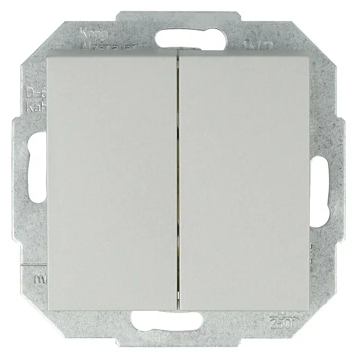 Serienschalter - Silber, Kunststoff, 10 A - Nahaufnahme eines Kopp Alzenaur Doppelwippschaltereinsatzes in Grau, ein typisches Element für die Elektroinstallation in Innenräumen.