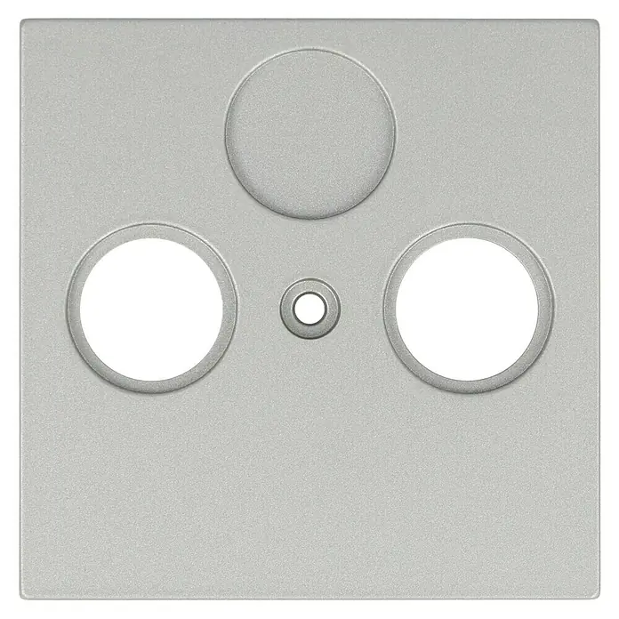 Antennenabdeckung - Silber, 2-fach, Kunststoff, IP20 - Silberne quadratische Abdeckung mit drei runden Aussparungen und einem kleinen Loch, das ein elektronisches Gerät oder Panel abdeckt.