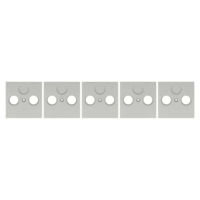 Antennenabdeckung - Silber, 2-fach, Kunststoff, IP20 - Fünf graue Montageboxen mit Aussparungen für Schalter und Steckdosen, die eine modulare Installation ermöglichen.