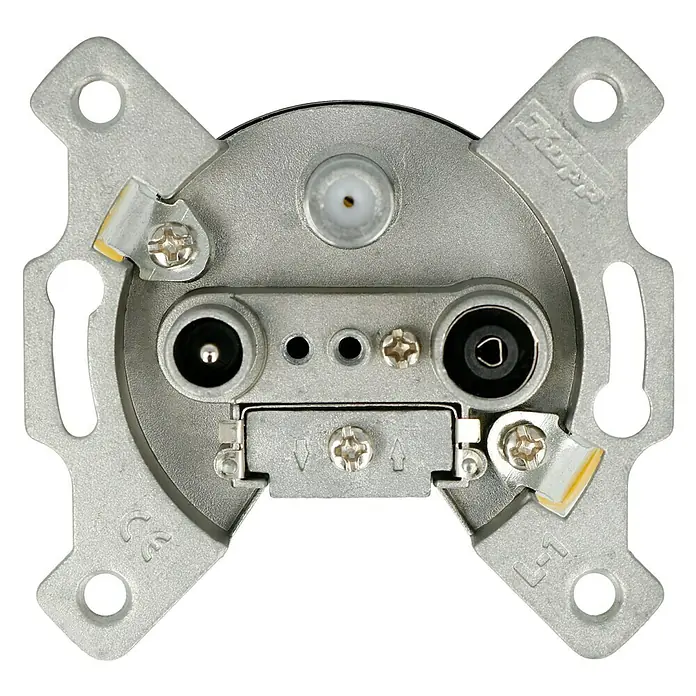 Antennendosen-Einsatz 3F - Silber, Metall - Nahaufnahme einer Antennensteckdose mit verschiedenen Anschlüssen für TV- und Radiofrequenzen. Silbernes Metallgehäuse, Schrauben und Beschriftungen.
