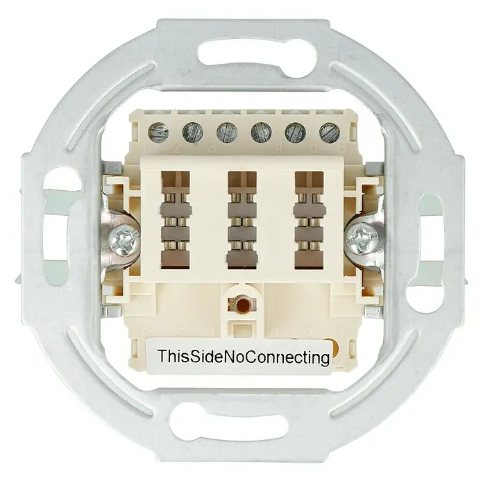 TAE-Telefondose NFN - Weiß, Unterputzmontage - Nahaufnahme eines Reiheneinsatzes mit sechs Klemmen für den Elektroanschluss, eingebaut in einer runden Trägerplatte.