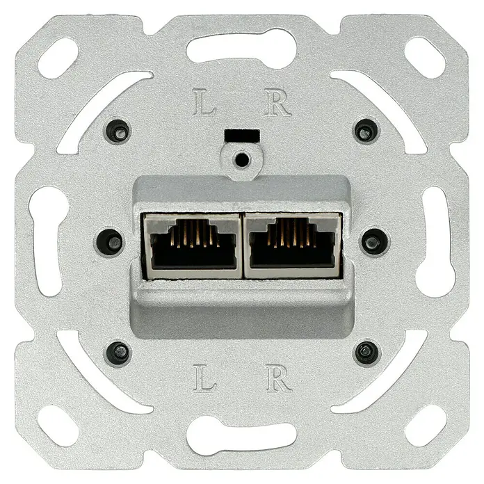 UAE-Datendose CAT 6a 2X - Silber, Unterputzmontage - Nahaufnahme einer Wandsteckdose mit zwei RJ45-Anschlüssen, ideal für Netzwerkverbindungen im Haus oder Büro.