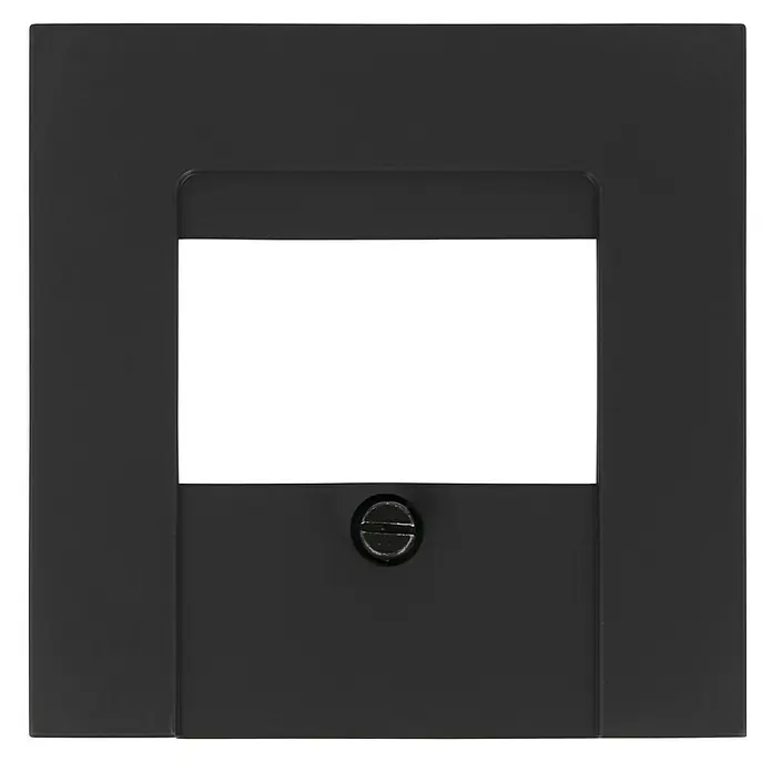 TAE-Abdeckung - Anthrazit, Kunststoff - Schwarze quadratische Abdeckung mit einer rechteckigen Aussparung in der Mitte und einer Schraube.