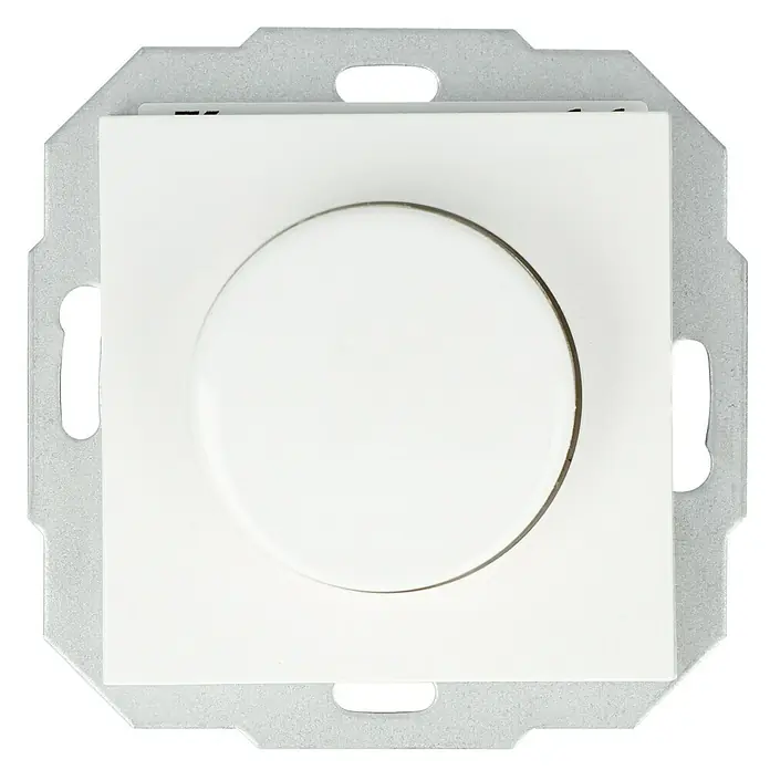 LED-Dimmer - Reinweiß, Kunststoff - Nahaufnahme eines weißen Dimmers für eine stimmungsvolle Beleuchtung, eingebettet in einer robusten, silbernen Halterung für eine sichere Installation.