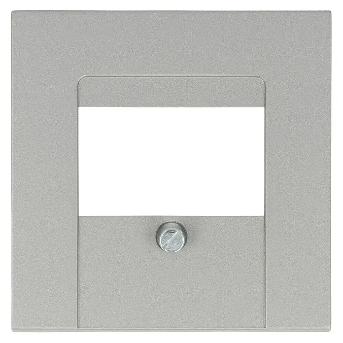 TAE-Abdeckung - Silber, Kunststoff - Nahaufnahme einer silbernen Abdeckung mit Schraube und schwarzem Fensterbereich.