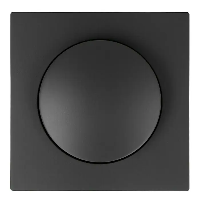 Voltomat Lena Dimmer für elektronische TrafosAnthrazit - Nahaufnahme eines quadratischen, mattschwarzen Deckels mit rundem, abgesenktem Mittelteil. Elegantes Design für moderne Badezimmer.