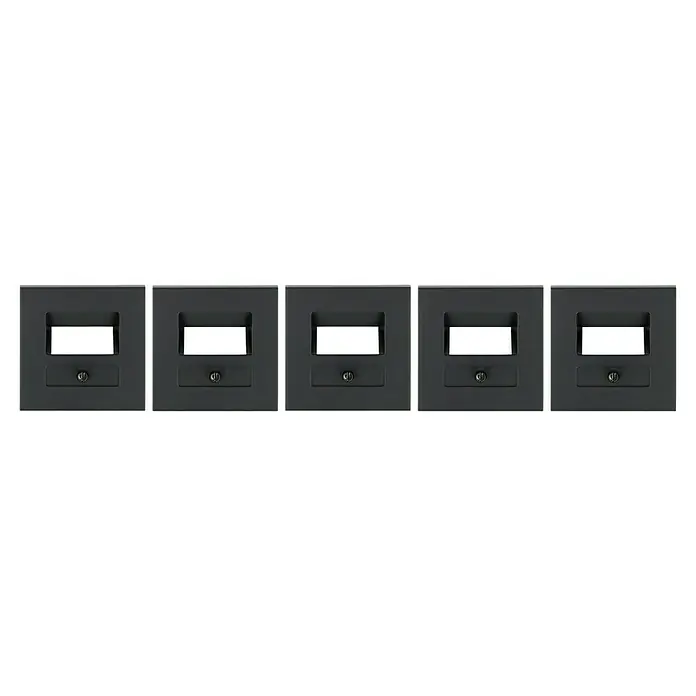 UAE-Abdeckung - Anthrazit, Kunststoff - Fünf schwarze elektronische Boxen sind aufgereiht, jede mit einem Display und einem Bedienfeld, ideal für Studio- oder AV-Setups.