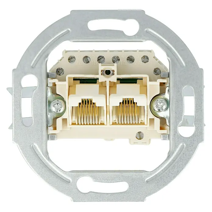 UAE-Dose - 2-fach, Weiß, Unterputzmontage - Nahaufnahme einer Doppel-Netzwerkdose mit RJ45-Anschlüssen, eingebettet in einen silbernen Metallrahmen zur Wandmontage. Ideal für stabile Netzwerkverbindungen.