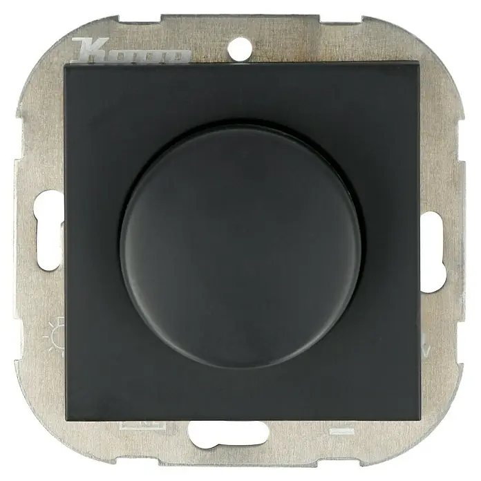 LED-Dimmer - Anthrazit, Kunststoff - Nahaufnahme eines schwarzen KEMO Dimmers mit silberner Blende auf schwarzem Hintergrund.