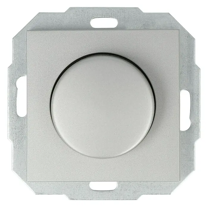 LED-Dimmer - Silber, Kunststoff - Nahaufnahme eines Dimmschalters mit quadratischer Blende und rundem Knopf, ideal für eine sanfte Lichtsteuerung in jedem Raum.