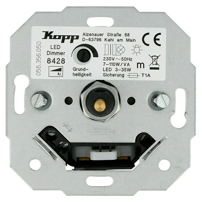 LED-Dimmer - Silber, Metall - Nahaufnahme eines Kopp LED-Dimmers (Modell 8428) mit technischen Daten und Zertifizierungen auf dem Etikett.